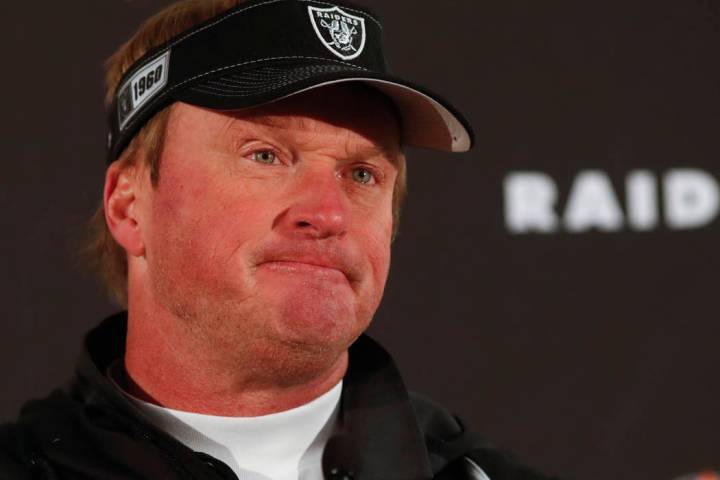 Oakland Raiders head coach Jon Gruden speaks after an NFL football game against the Denver Bron ...