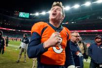 Denver Broncos quarterback Drew Lock reacts after an NFL football game against the Oakland Raid ...