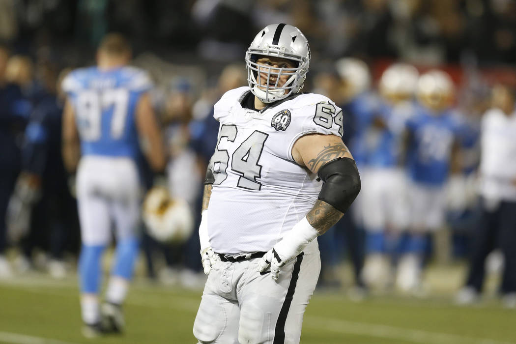 Oakland Raiders offensive guard Richie Incognito (64) against the Los Angeles Chargers during a ...