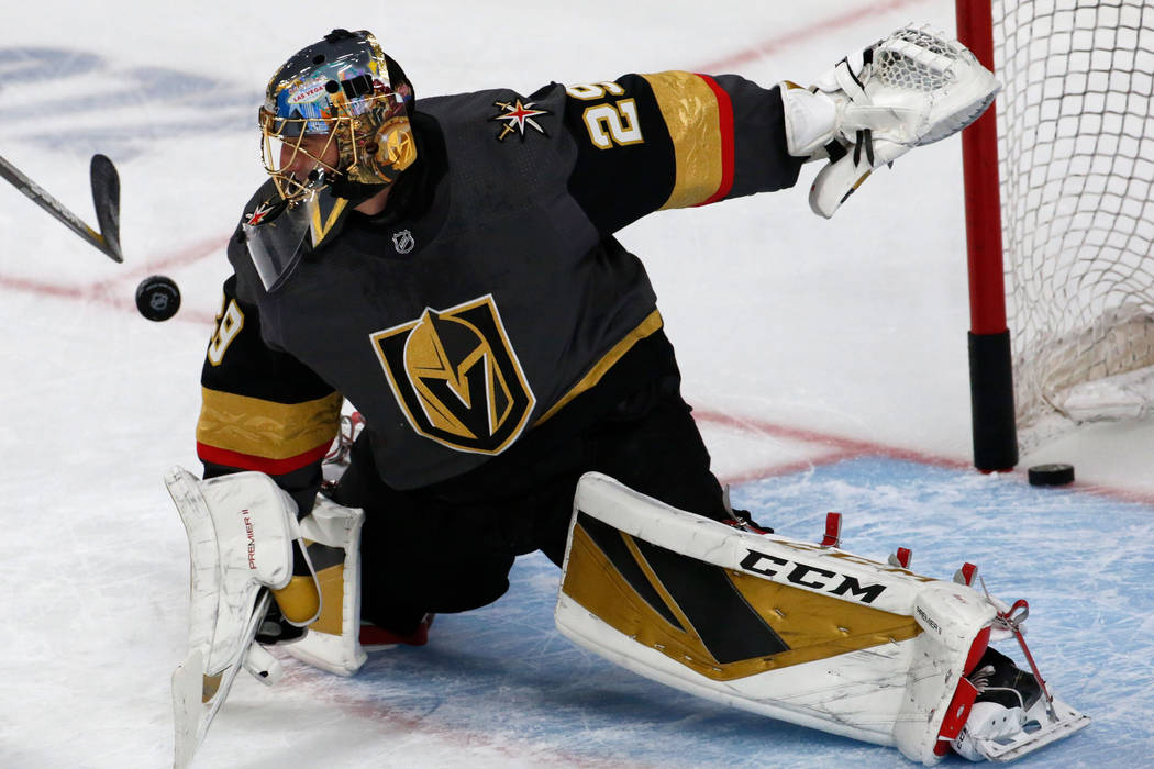 Vegas Golden Knights goaltender Marc-Andre Fleury (29) is seen in warm-ups prior to an NHL hock ...