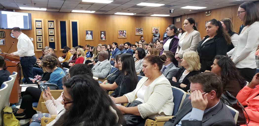 The Clark County School Board of Trustees met Thursday, Dec. 12, 2019, before a packed chamber ...