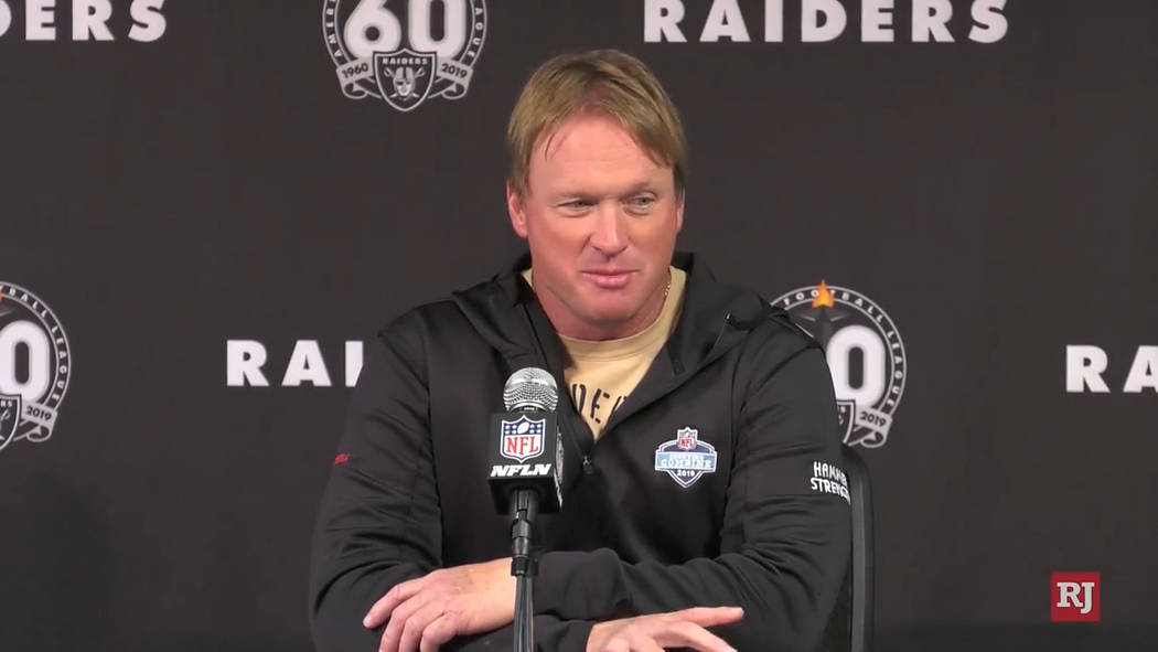 Jon Gruden discusses the teams move to Las Vegas in Oakland on Monday, Dec. 30. (Le'Andre Fox/L ...