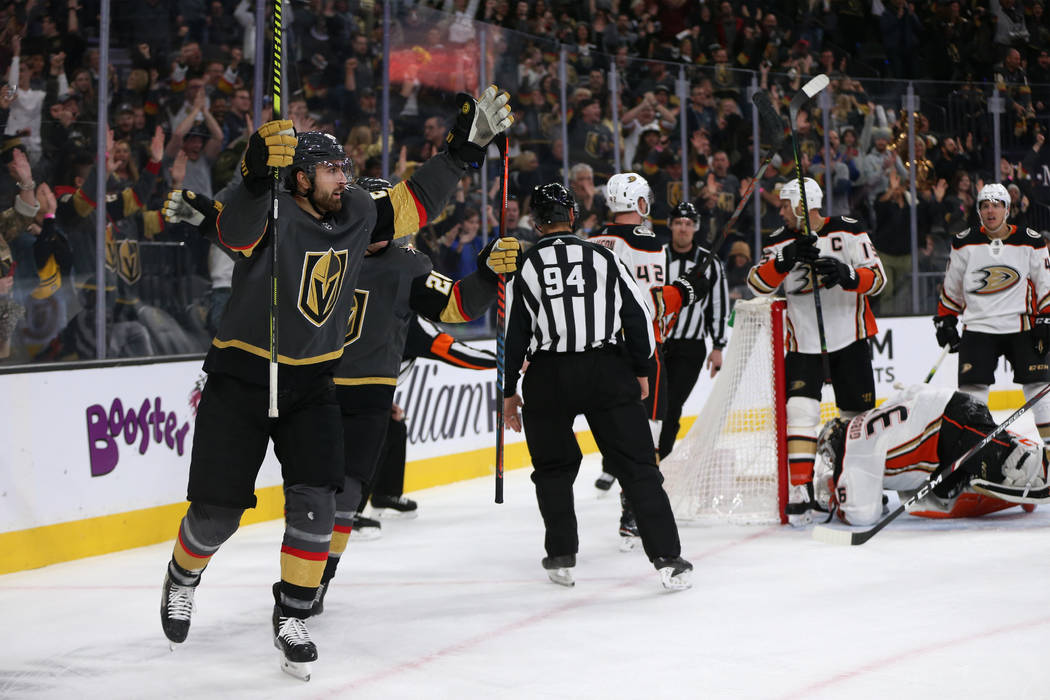 Vegas Golden Knights right wing Alex Tuch (89) rects after scoring against the Anaheim Ducks du ...