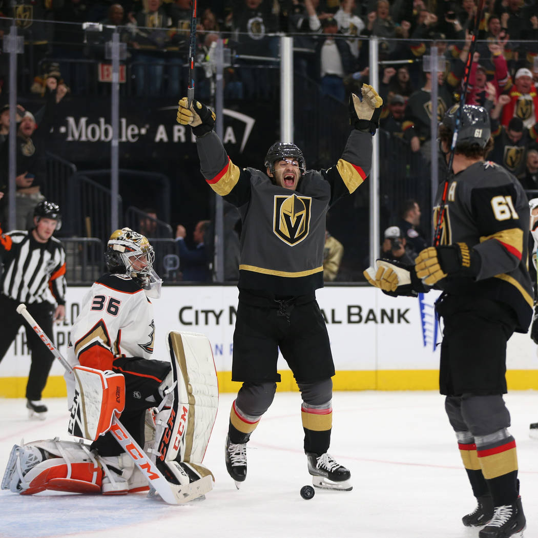 Vegas Golden Knights left wing Max Pacioretty (67) reacts to a score by right wing Mark Stone ( ...