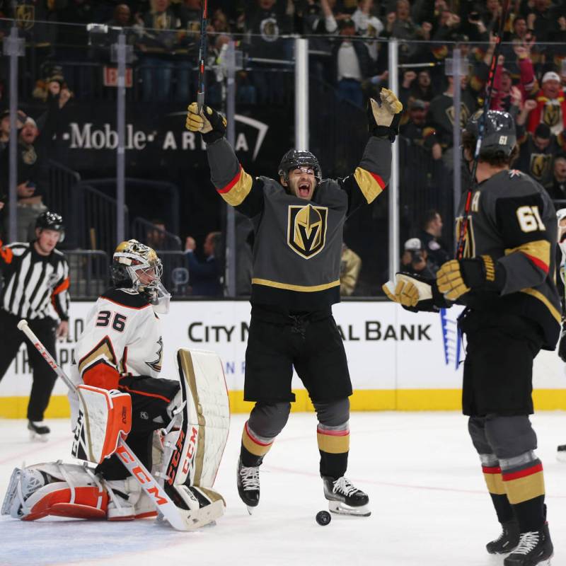 Vegas Golden Knights left wing Max Pacioretty (67) reacts to a score by right wing Mark Stone ( ...