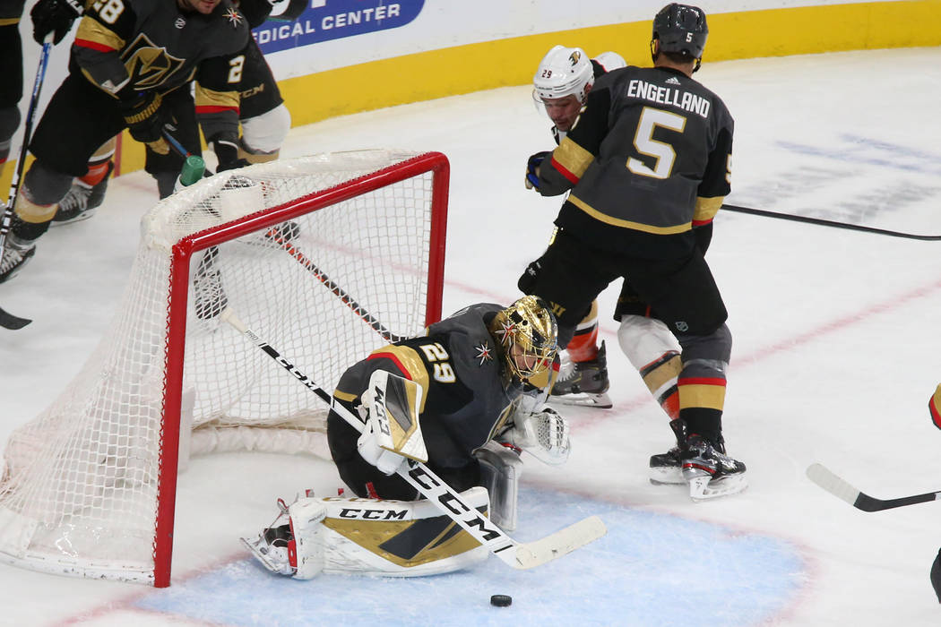 Vegas Golden Knights goaltender Marc-Andre Fleury (29) makes a save during the second period of ...