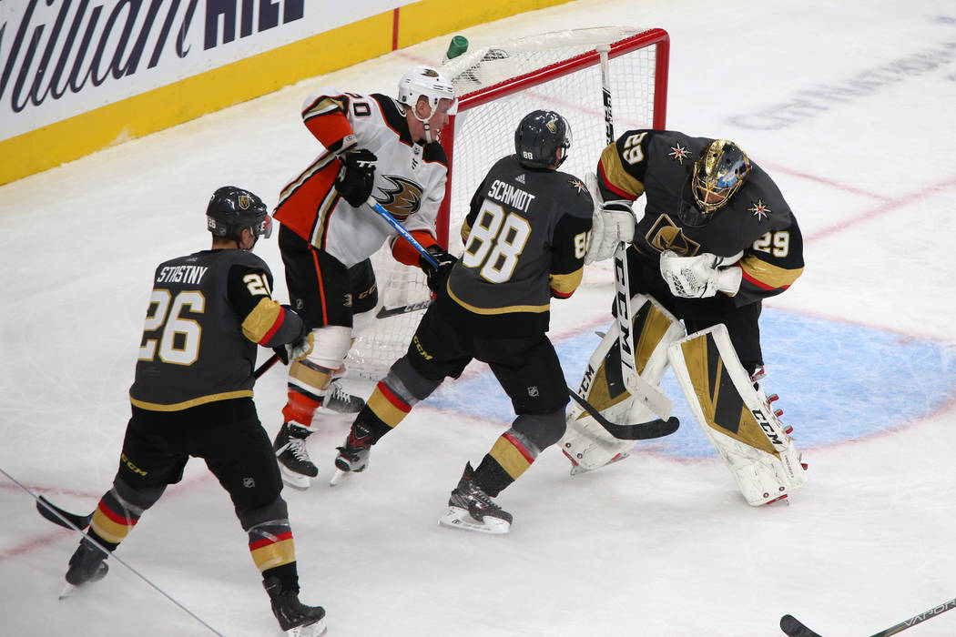 Vegas Golden Knights goaltender Marc-Andre Fleury (29) makes a save during the second period of ...