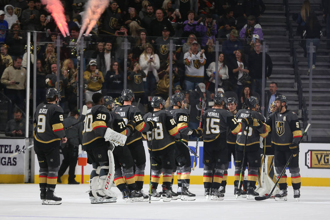 Vegas Golden Knights celebrate their win 5-2 against the Anaheim Ducks in their NHL hockey game ...
