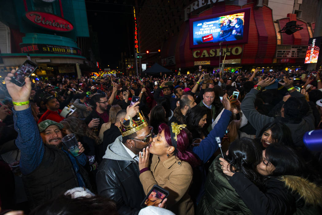 Revelers celebrate during a New Year's party at the Fremont Street Experience in downtown Las V ...