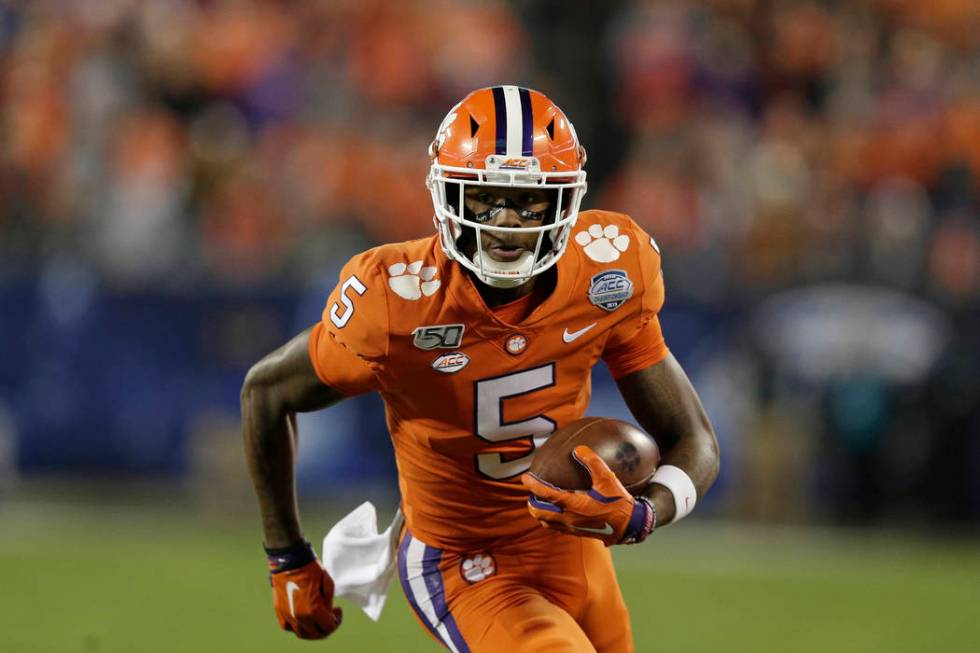 Clemson wide receiver Tee Higgins (5) runs against Virginia during the first half of the Atlant ...