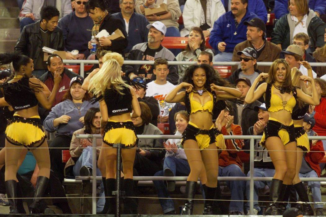 Las Vegas Outlaws cheerleaders energize the crowd during the Las Vegas Outlaws' game Feb. 17, 2 ...