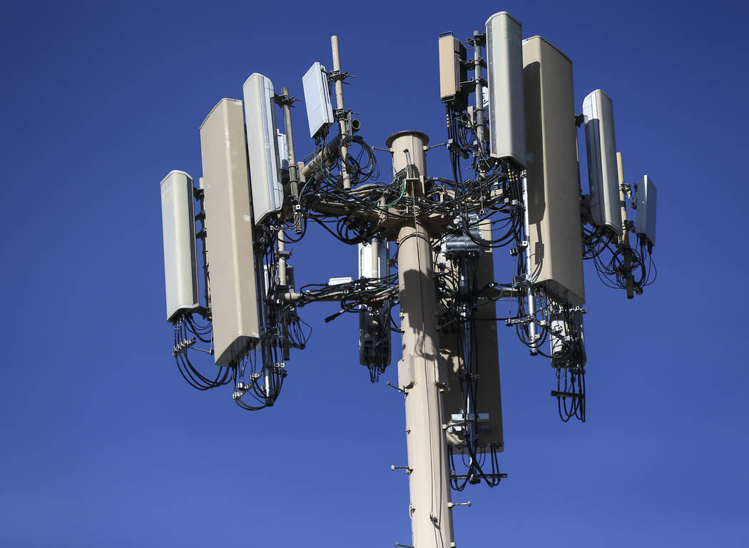 A 5G cell tower on Dean Martin Drive by Ali Baba Lane in Las Vegas on Tuesday, Jan. 7, 2020. (C ...