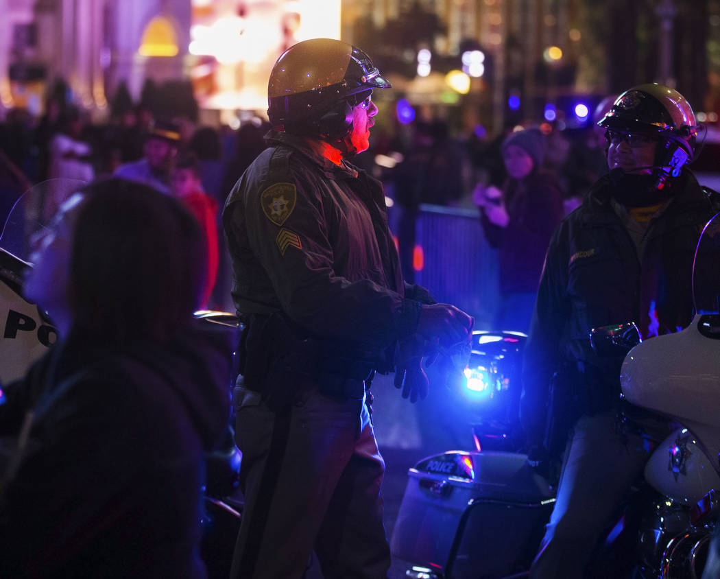 Metro provides security on the Strip on Tuesday, Dec. 31, 2019, in Las Vegas. (Benjamin Hager/L ...