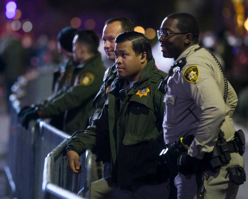 Metro provides security on the Strip on Tuesday, Dec. 31, 2019, in Las Vegas. (Benjamin Hager/L ...