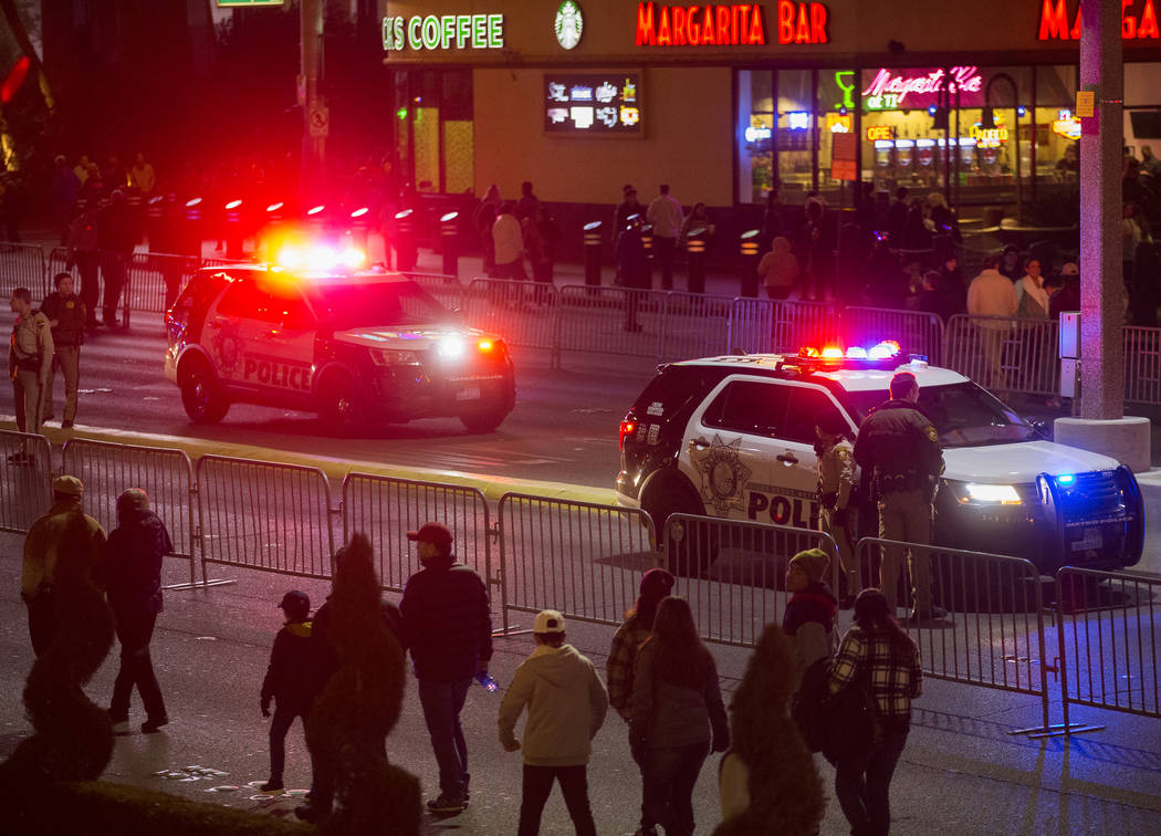 Metro provides security on the Strip on Tuesday, Dec. 31, 2019, in Las Vegas. (Benjamin Hager/L ...