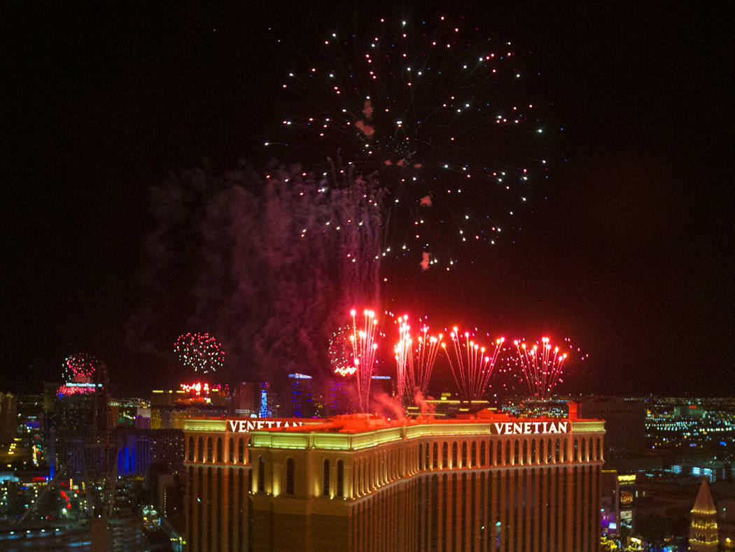 Fireworks light up the sky above The Venetian on the Strip on Wednesday, Jan. 1, 2020, in Las V ...