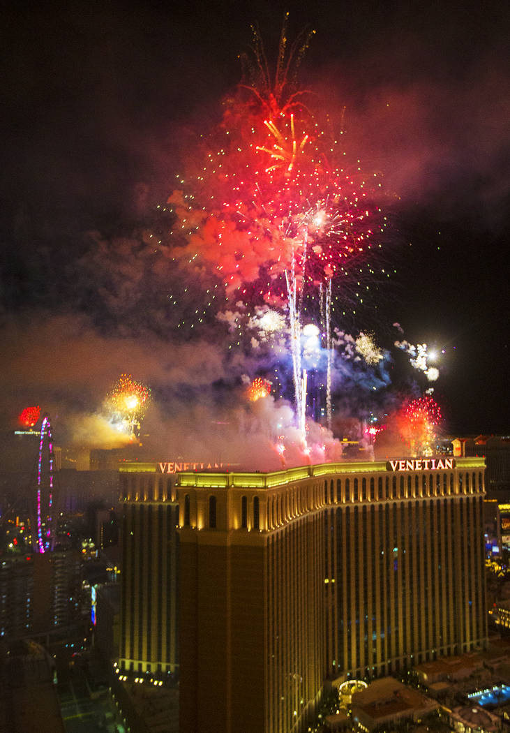 Fireworks light up the sky above The Venetian on the Strip on Wednesday, Jan. 1, 2020, in Las V ...