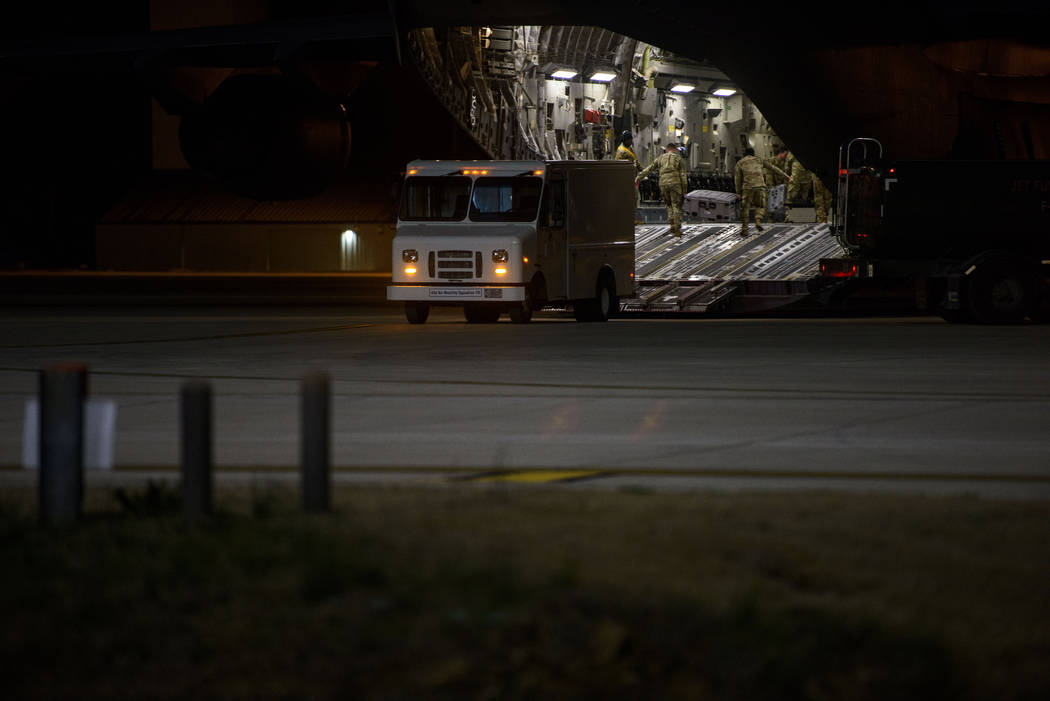 Equipment is loaded onto a C-17 aircraft Wednesday, Jan. 1, 2020 at Fort Bragg, N.C., as soldie ...