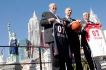 NBA Commissioner David Stern, from right, Erich Stamminger, center, president and CEO of Adidas ...