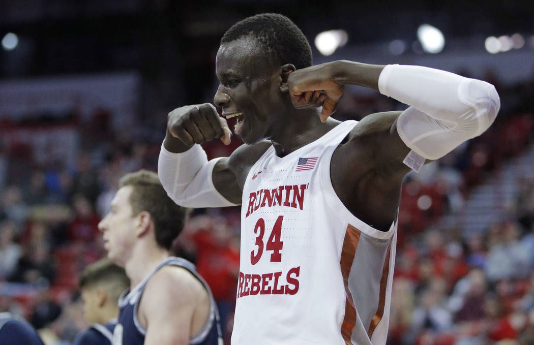 UNLV's Cheikh Mbacke Diong (34) reacts after a play against Utah State during the second half o ...