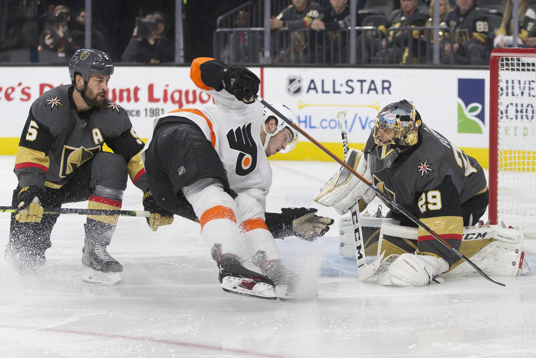 Vegas Golden Knights goaltender Marc-Andre Fleury (29) makes a save against Philadelphia Flyers ...