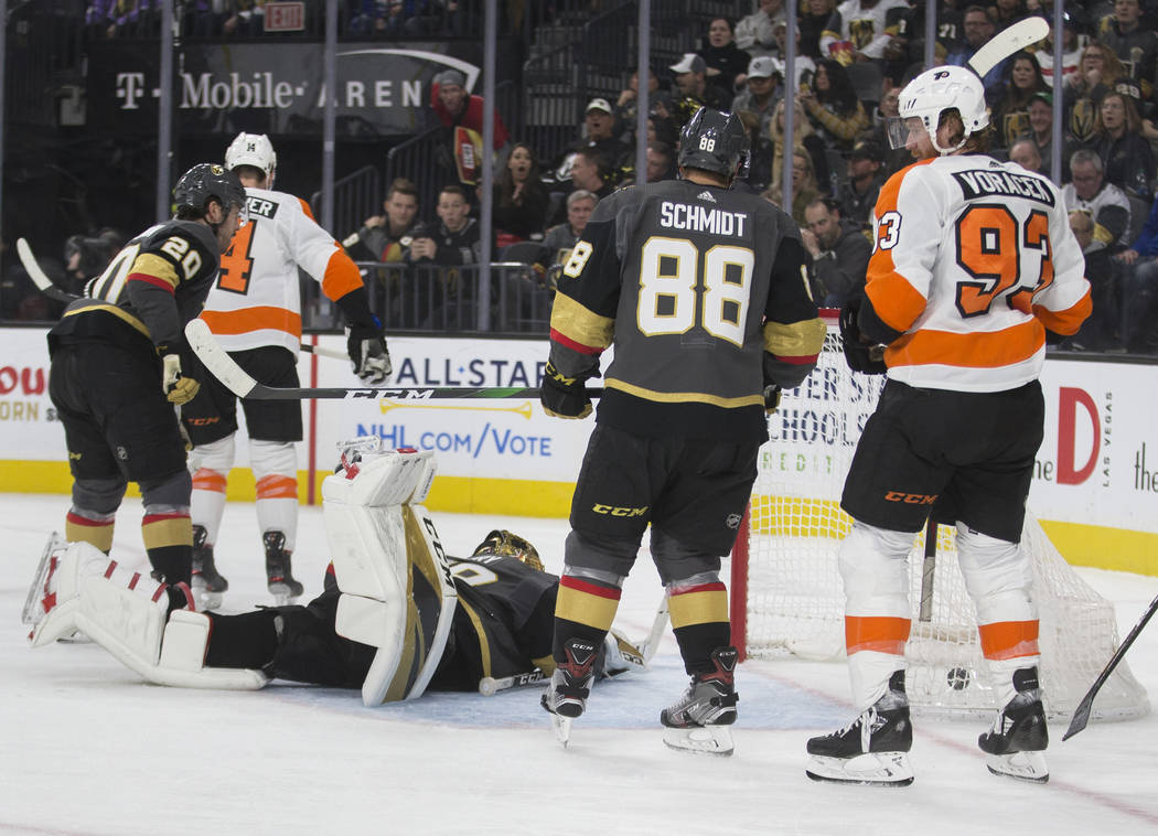 Vegas Golden Knights goaltender Marc-Andre Fleury (29) gives up a goal with Vegas Golden Knight ...