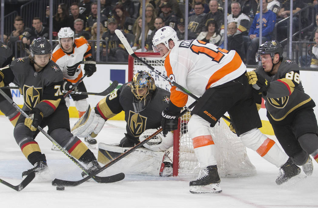 Vegas Golden Knights goaltender Marc-Andre Fleury (29) makes a save against Philadelphia Flyers ...