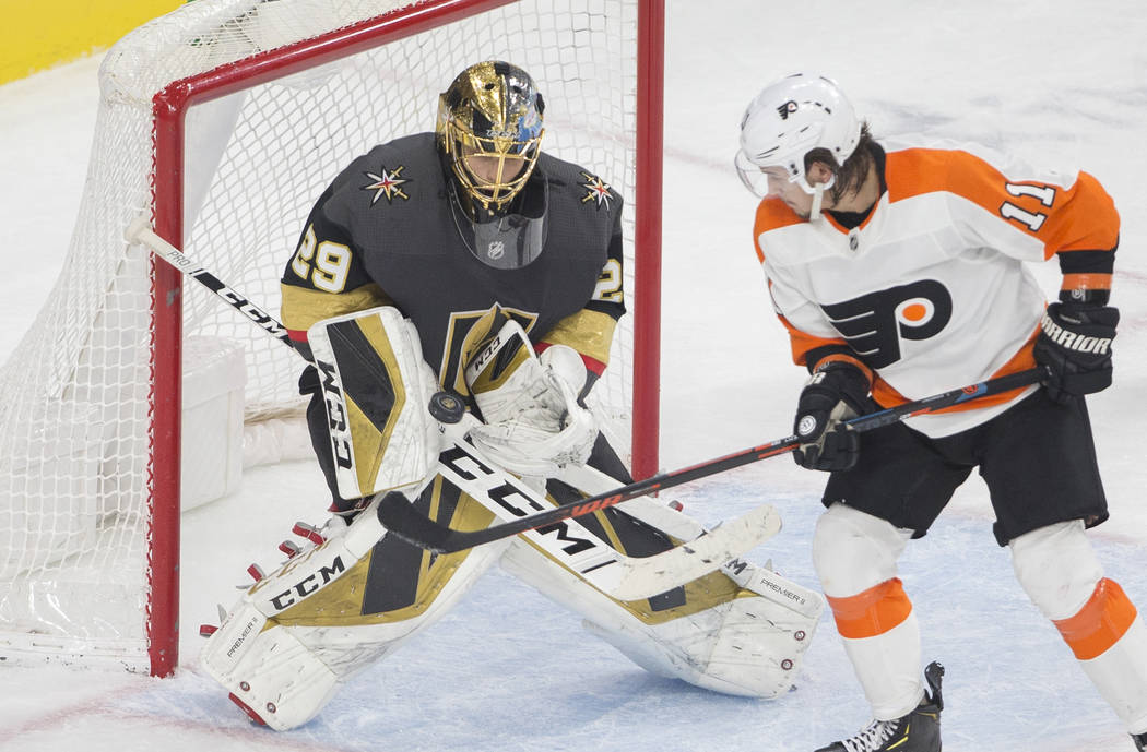 Vegas Golden Knights goaltender Marc-Andre Fleury (29) makes a save against Philadelphia Flyers ...