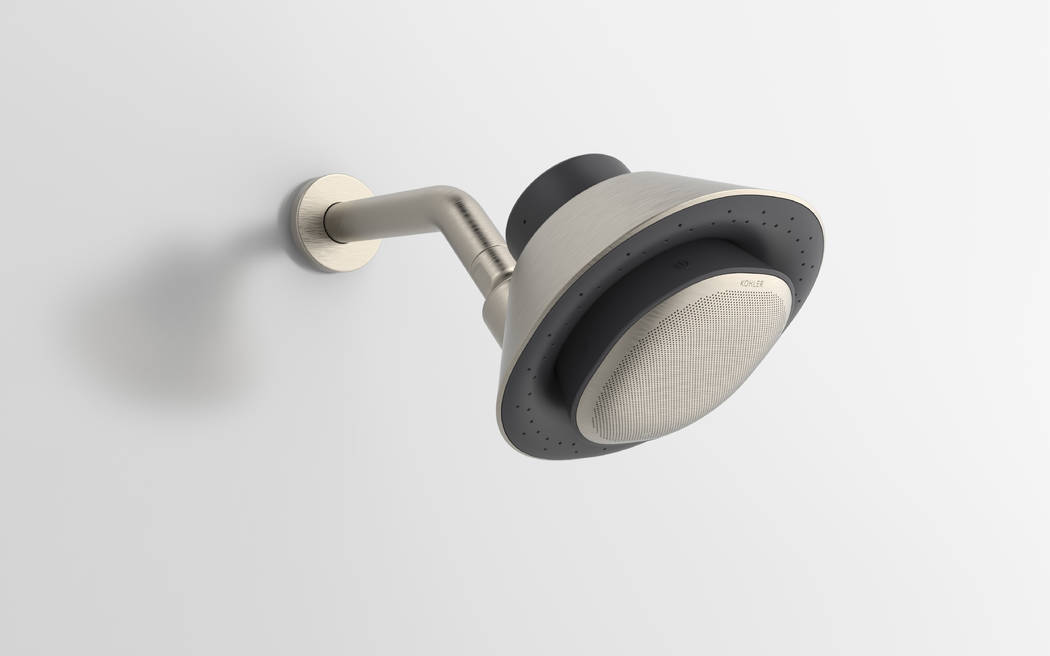 Kohler Moxie shower head and speaker. (Courtesy Kohler)