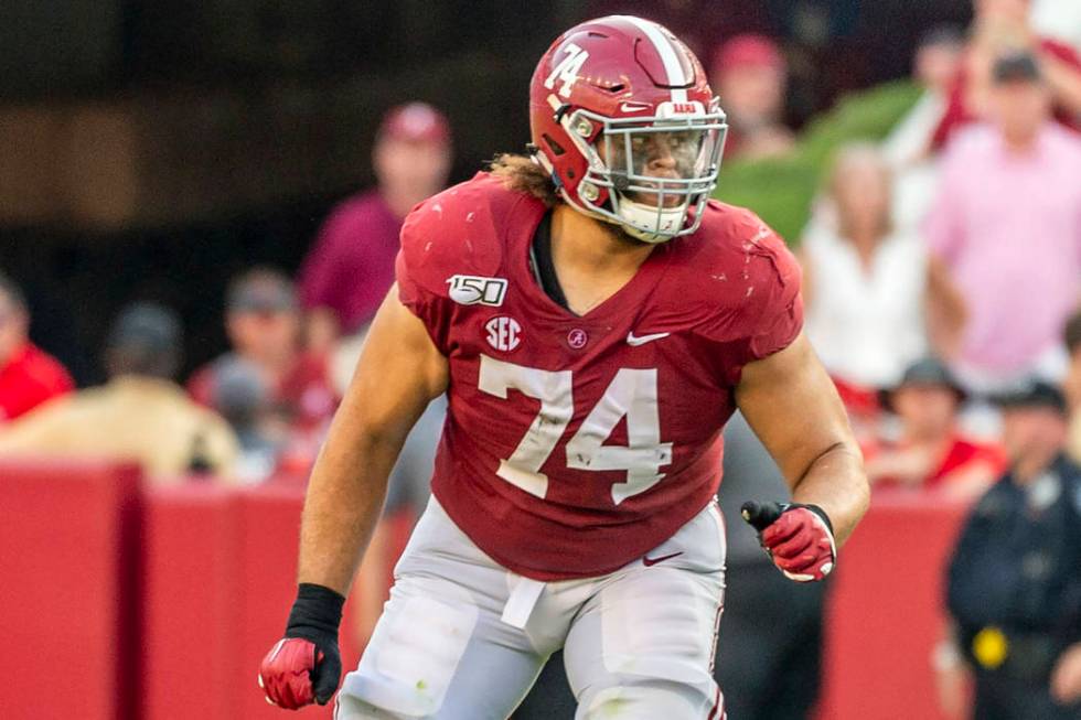 FILE - In this Sept. 28, 2019, file photo, Alabama offensive lineman Jedrick Wills Jr. (74) pla ...