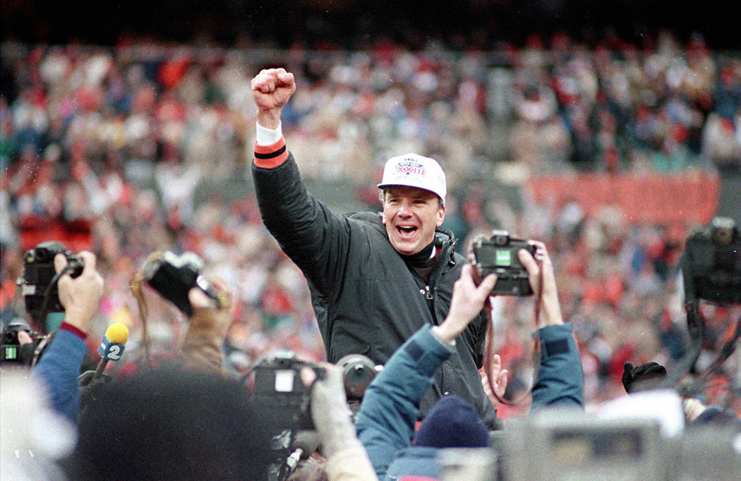 FILE - In this Jan. 9, 1989 file photo, Cincinnati Bengals coach Sam Wyche clenches his fist as ...