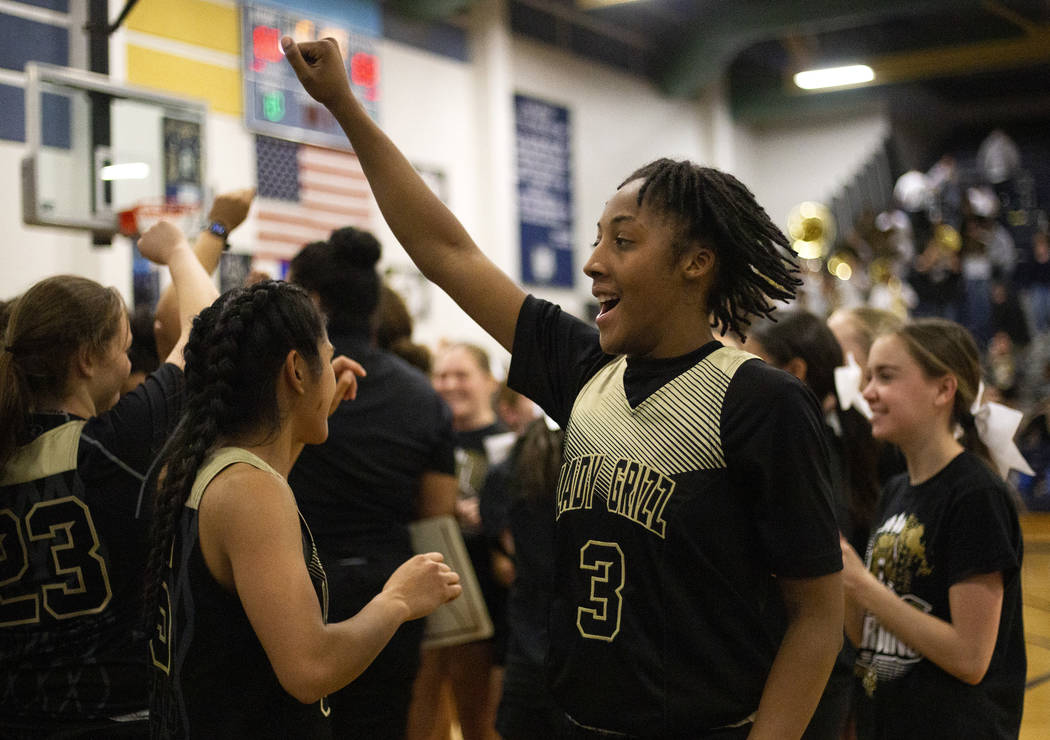 Spring Valley forward Aaliyah Gayles (3) celebrates the team's win against Spring Valley on Tue ...