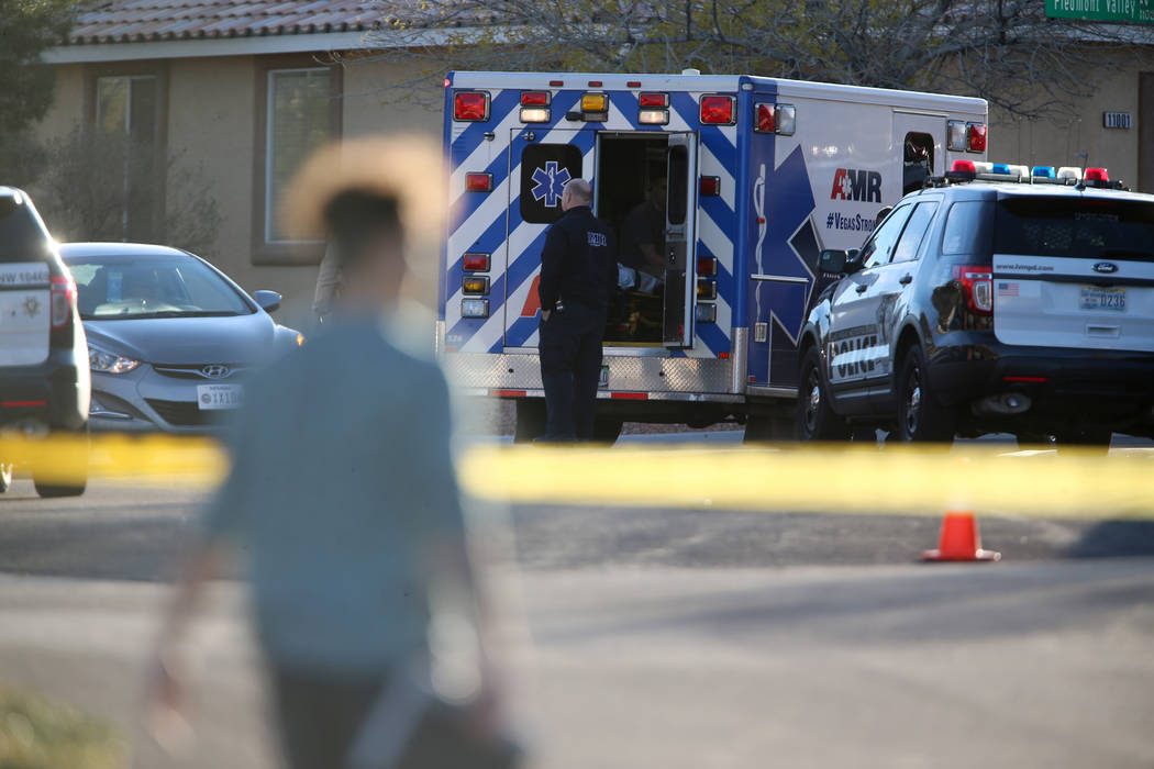 The scene of an investigation by Las Vegas police at the 11000 block of Piedmont Valley Avenue ...