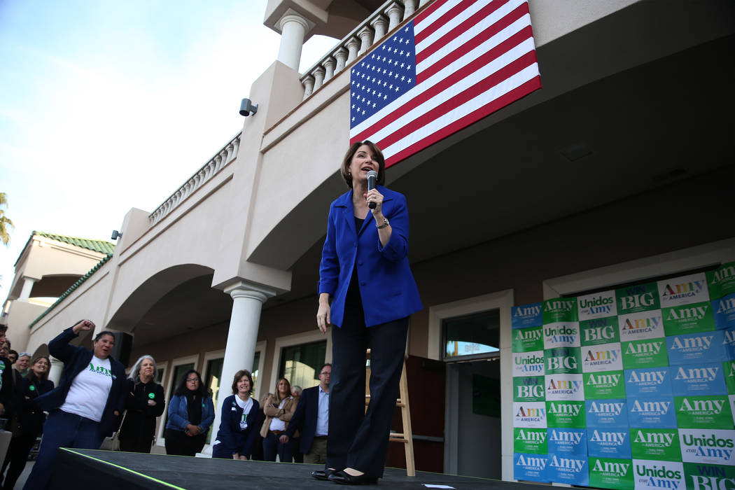 Democratic presidential candidate Amy Klobuchar speaks during a campaign rally at her Las Vegas ...