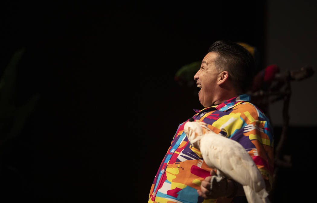 Clint Carvalho encourages the audience to be loud and scream during Extreme Parrots show at Spr ...
