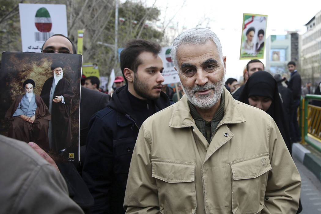FILE - In this Thursday, Feb. 11, 2016, file photo, Qassem Soleimani, commander of Iran's Quds ...