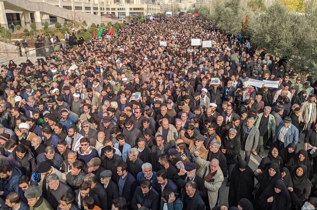 Protesters demonstrate over the U.S. airstrike in Iraq that killed Iranian Revolutionary Guard ...