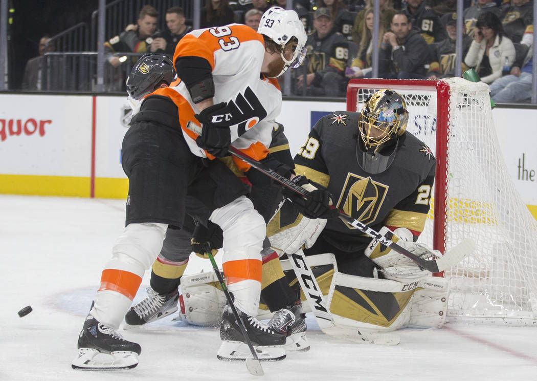 Vegas Golden Knights goaltender Marc-Andre Fleury (29) makes a save against Philadelphia Flyers ...
