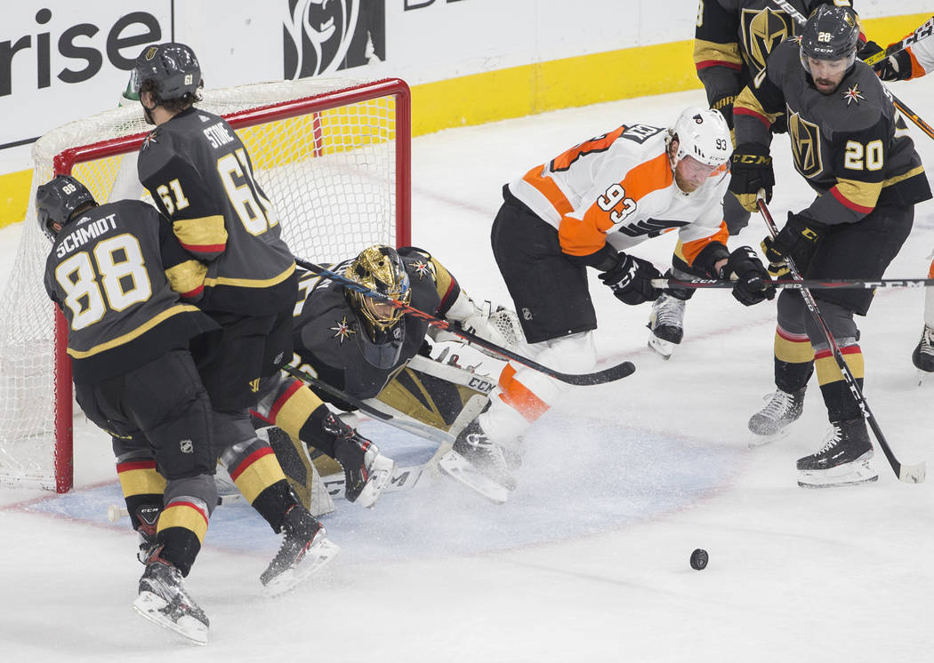 Vegas Golden Knights goaltender Marc-Andre Fleury (29) makes a save against Philadelphia Flyers ...