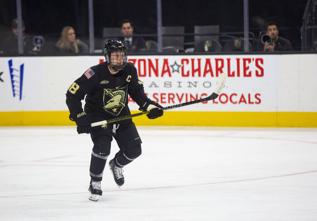 Army Black Knights' Zach Evancho (18) skates on the ice while playing Providence during a Fortr ...