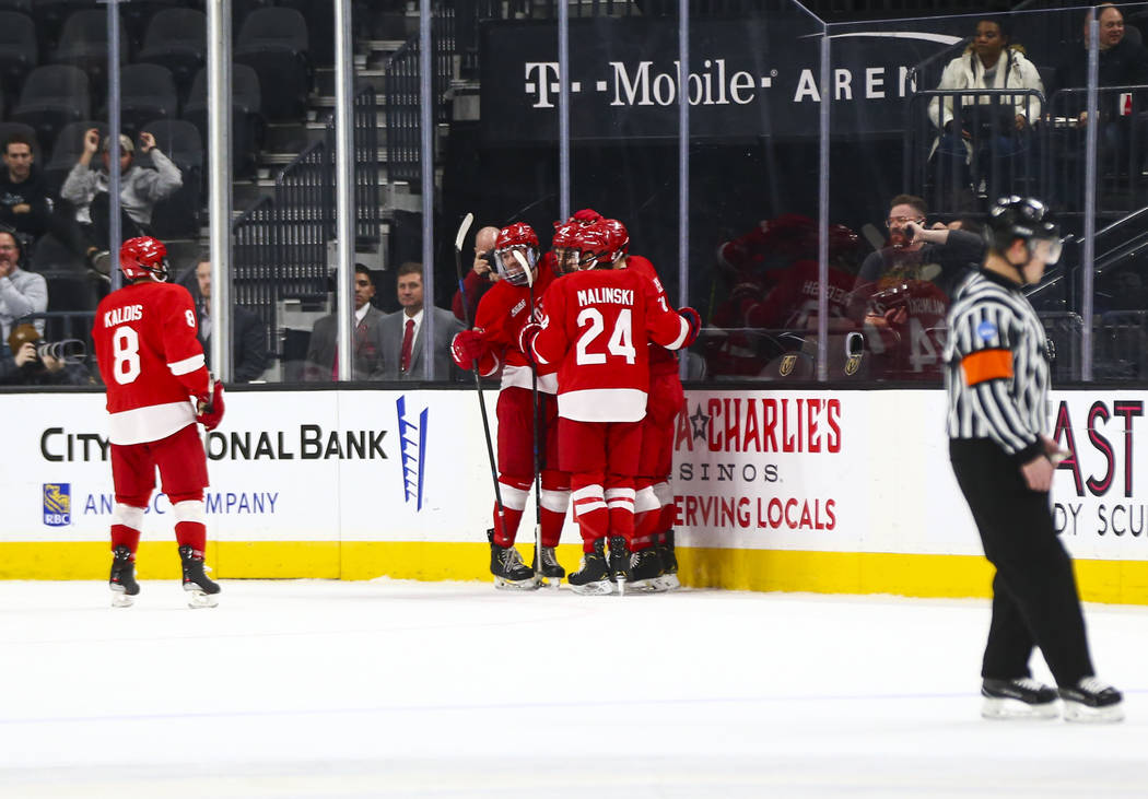 Cornell Big Red players celebrate their goal during the first period of the Fortress Invitation ...