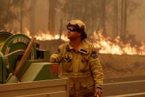 A Forest Corporation worker manages a fire hose as he battles a fire near Moruya, Australia, Sa ...