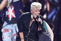 In this Sept. 22, 2017, file photo, Pink performs at the 2017 iHeartRadio Music Festival Day 1 ...