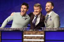 In this image released by ABC, contestants, from left, James Holzhauer, Ken Jennings and Brad R ...