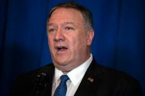 Secretary of State Mike Pompeo delivers a statement on Iraq and Syria, at President Donald Trum ...