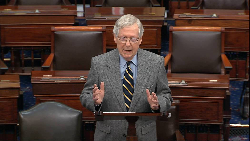 Senate Majority Leader Mitch McConnell of Ky., speaks on the Senate floor, Friday, Jan. 3, 2020 ...