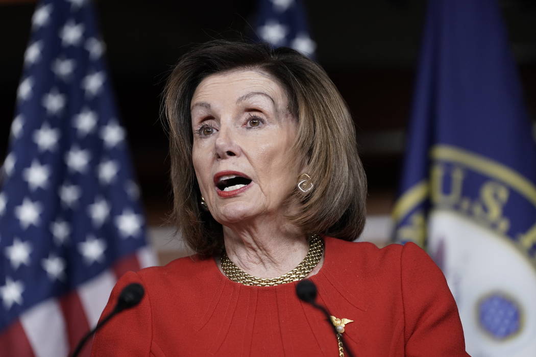 House Speaker Nancy Pelosi, D-Calif., meets with reporters at the Capitol in Washington, Thursd ...