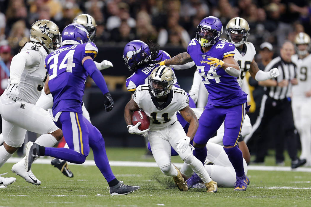 New Orleans Saints returner Deonte Harris (11) carries in the second half of an NFL wild-card p ...