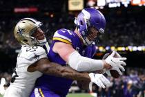 Minnesota Vikings tight end Kyle Rudolph pulls in the game winning touchdown pass over New Orle ...