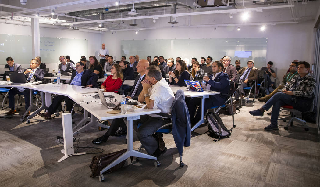 Members of the Turkish Trade Expo listen to a presentation by StartUP NV at the International I ...